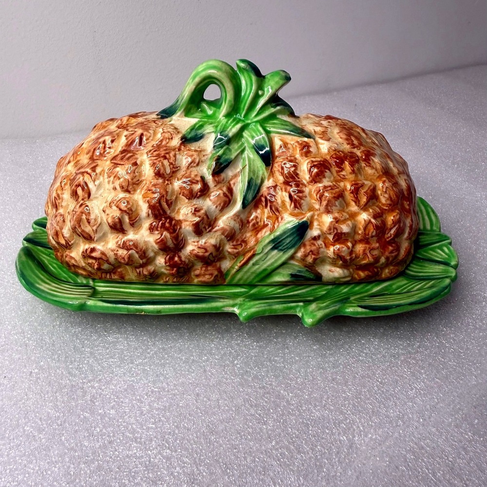 Vintage Majolica Style Ceramic Pineapple Butter Dish with Leaf Base 2-Piece Set